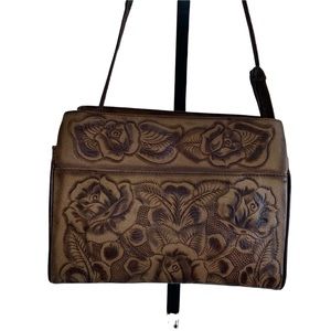 Vintage Hand Tooled Leather Bag Large Purse Rose Design Mexico